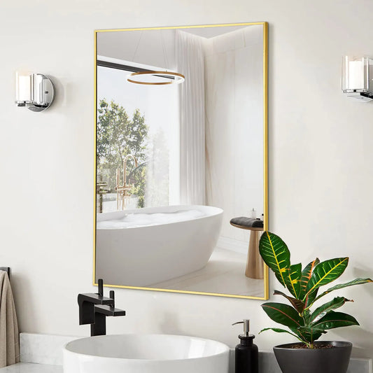 Oglinda Dreptunghiulara Elindor®, 55x75 cm, Sticla Fara Distorsiuni, Usor de Instalatat, Auriu