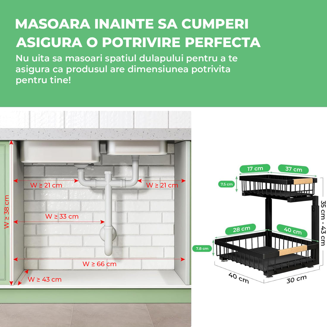 Organizator Multifunctional Elindor® pe 2 Nivele, 2x Sertar Glisant, Montat pe Blat sau in Dulap sub Chiuveta, Suport Metalic Organizare, pentru Bucatarie, Baie, Camara, Bar, Raft cu Sertare Depozitare Legume, Detergenti, Parfumuri, 40×30×43 cm, Negru