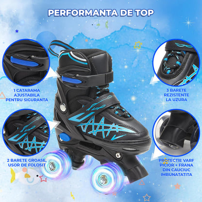 Role Reglabile Elindor® pentru Copii, Fete si Baieti, 4 Roti cu Lumini Quad, Ajutatoare, Rotile din Silicon, Rulmenti ABEC-7, Aluminiu / Poliuretan, Marimea M, 32-35, Model Unicorn, Negru / Albastru
