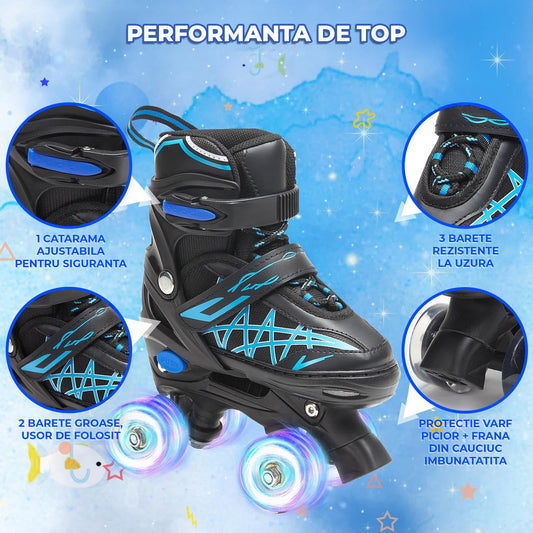 Role Reglabile Elindor® pentru Copii, Fete si Baieti, 4 Roti cu Lumini Quad, Ajutatoare, Rotile din Silicon, Rulmenti ABEC-7, Aluminiu / Poliuretan, Marimea M, 32-35, Model Unicorn, Negru / Albastru
