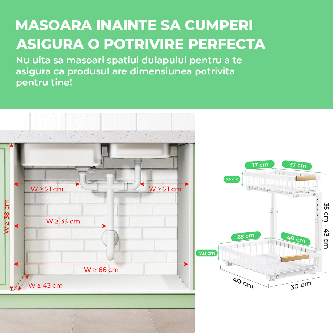 Organizator Multifunctional Elindor® pe 2 Nivele, 2x Sertar Glisant, Montat pe Blat sau in Dulap sub Chiuveta, Suport Metalic Organizare, pentru Bucatarie, Baie, Camara, Bar, Raft cu Sertare Depozitare Legume, Detergenti, Parfumuri, 40.×30×43 cm, Alb