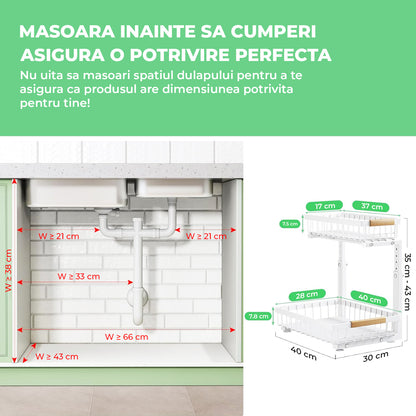 Organizator Multifunctional Elindor® pe 2 Nivele, 2x Sertar Glisant, Montat pe Blat sau in Dulap sub Chiuveta, Suport Metalic Organizare, pentru Bucatarie, Baie, Camara, Bar, Raft cu Sertare Depozitare Legume, Detergenti, Parfumuri, 40.×30×43 cm, Alb