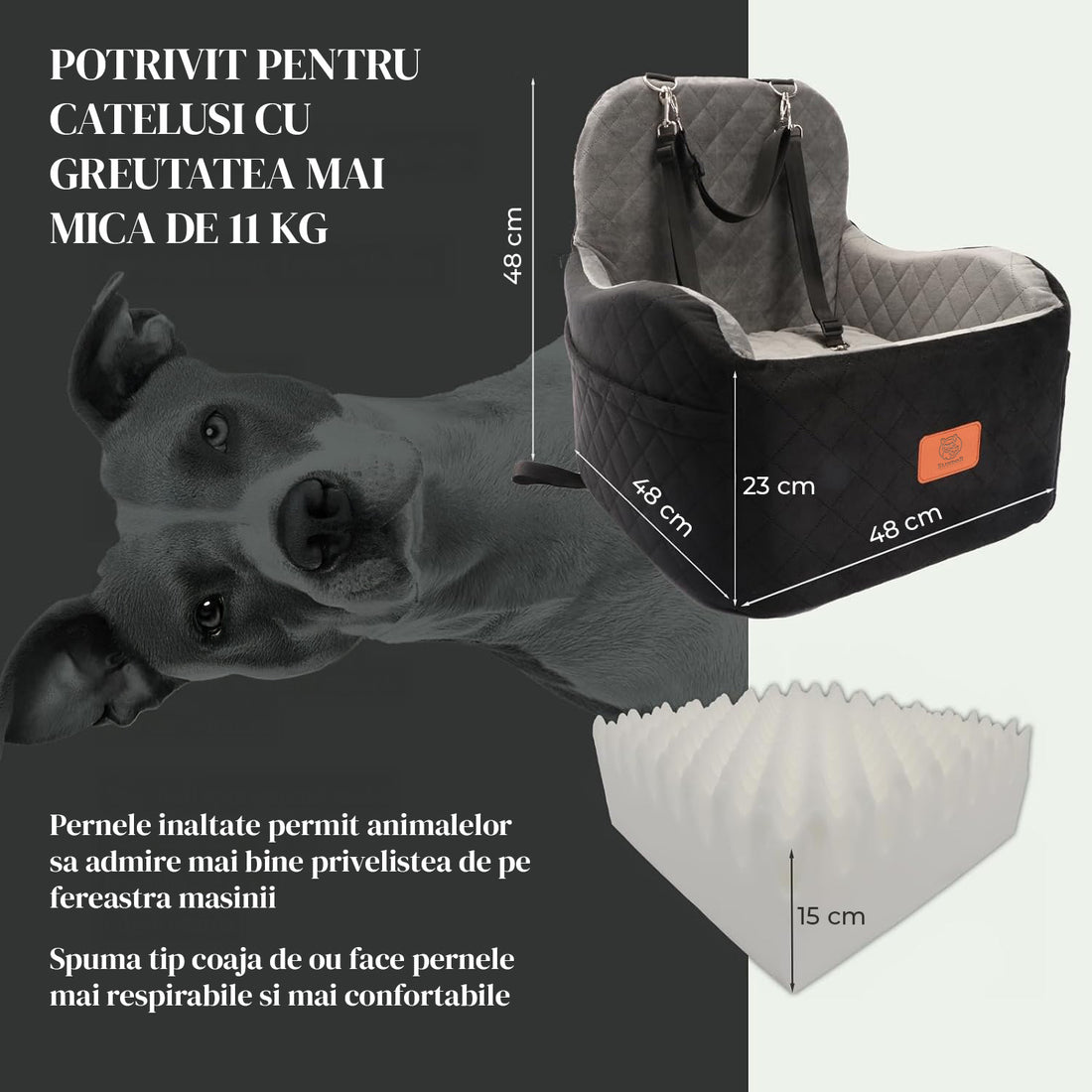 Scaun Auto Elindor® pentru Transport Animale, Caini si Pisici, Talie Mica si Medie, Protectie Scaun Sezut / Spatar, Ofera Protectie Pentru Bancheta Spate Masina Taxi/Ride Sharing, Impermeabila, Antialunecare, 48.3 x 48.3 48.3 cm, Negru