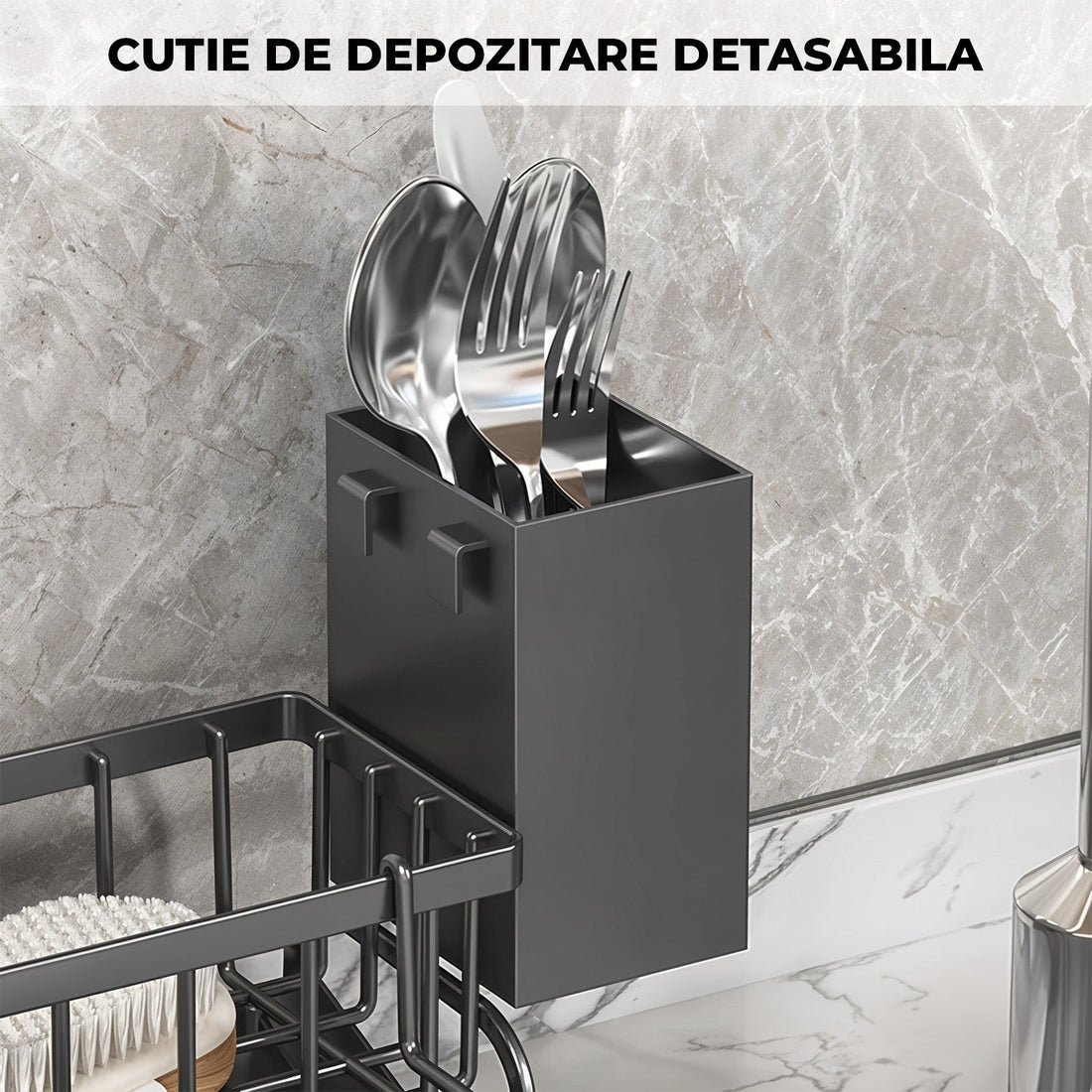 Scurgere Tacamuri cu Scurgere Automata Elindor®, Suport pentru Chiuveta, Bureti, Perii, Lavete, Detergent, Sticle, Cutii Inox, Cu Suport Prosop, Montaj Pe Blat Sau Perete, Metal Durabil 30,5×9×11 cm, Negru