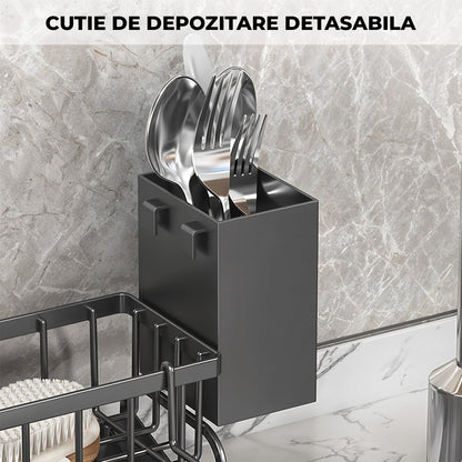 Scurgere Tacamuri cu Scurgere Automata Elindor®, Suport pentru Chiuveta, Bureti, Perii, Lavete, Detergent, Sticle, Cutii Inox, Cu Suport Prosop, Montaj Pe Blat Sau Perete, Metal Durabil 30,5×9×11 cm, Negru