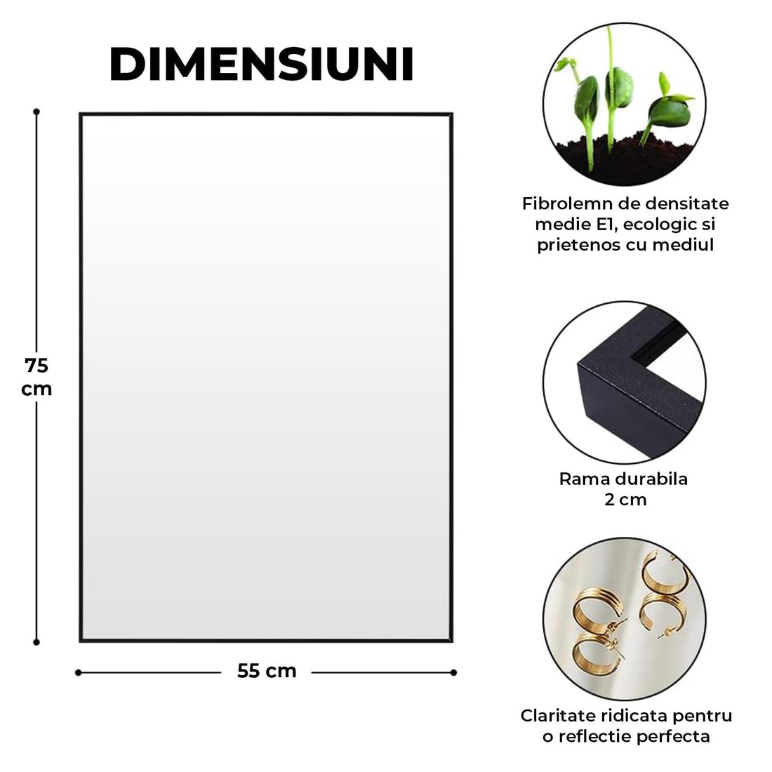 Oglinda Dreptunghiulara Elindor®, 55x75 cm, Sticla Fara Distorsiuni, Usor de Instalatat, Negru