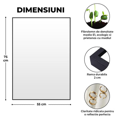 Oglinda Dreptunghiulara Elindor®, 55x75 cm, Sticla Fara Distorsiuni, Usor de Instalatat, Negru