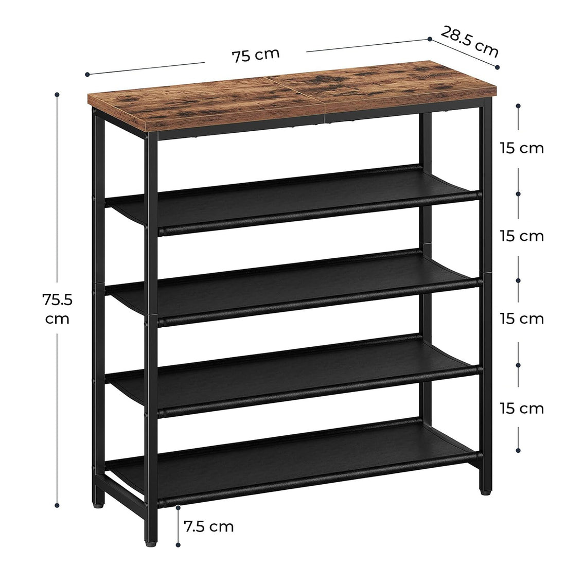 Organizator pentru Pantofi Elindor® Pantofar cu 5 Nivele Mari, Fara Gauri, Suport Metalic si MDF pentru Papuci, Dulap Hol, Dormitor, Economisire Spatiu, Depozitare Incaltaminte, 75 x 30 x 90 cm, Negru/Maro