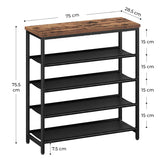 Organizator pentru Pantofi Elindor® Pantofar cu 5 Nivele Mari, Fara Gauri, Suport Metalic si MDF pentru Papuci, Dulap Hol, Dormitor, Economisire Spatiu, Depozitare Incaltaminte, 75 x 30 x 90 cm, Negru/Maro
