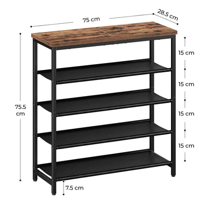 Organizator pentru Pantofi Elindor® Pantofar cu 5 Nivele Mari, Fara Gauri, Suport Metalic si MDF pentru Papuci, Dulap Hol, Dormitor, Economisire Spatiu, Depozitare Incaltaminte, 75 x 30 x 90 cm, Negru/Maro