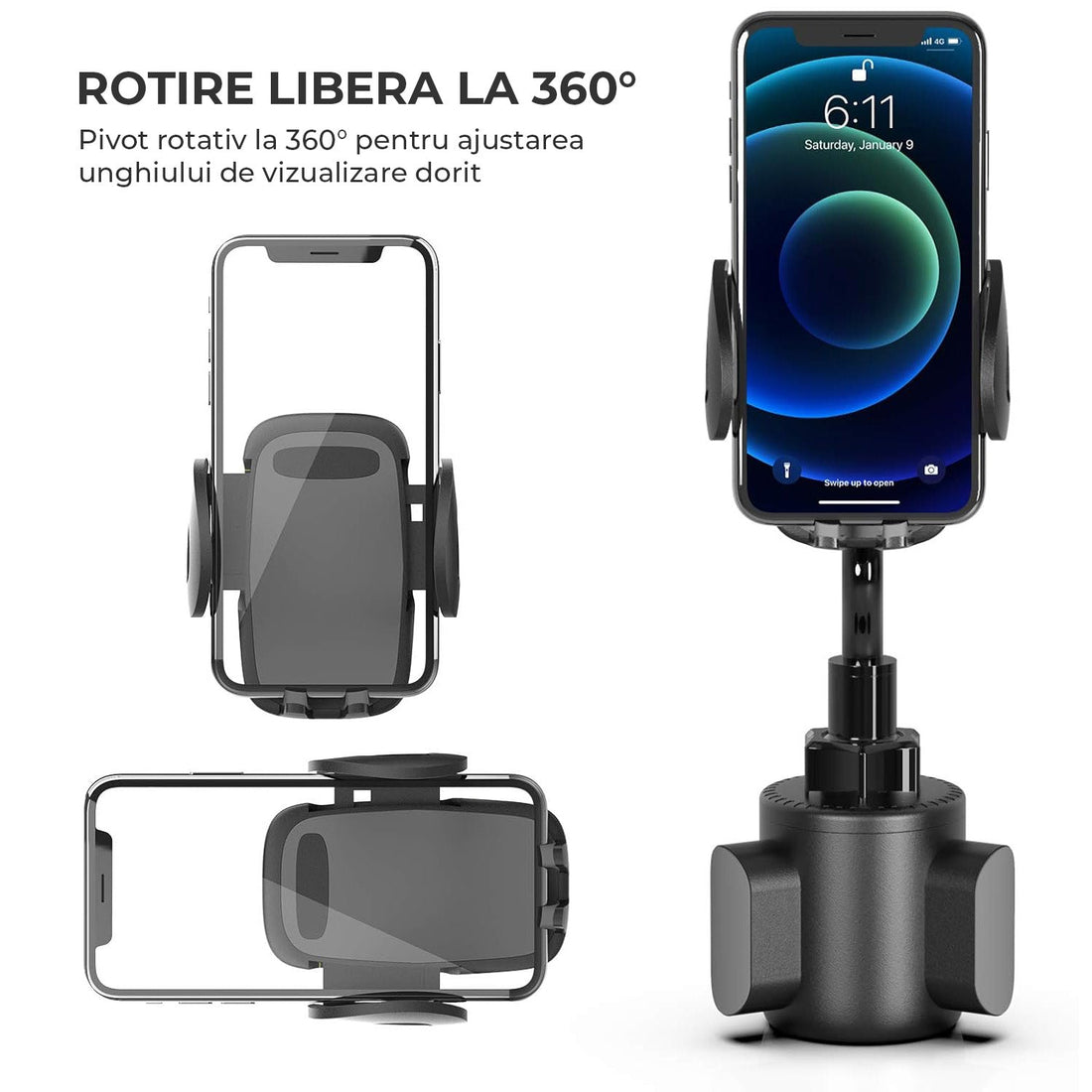 Suport Telefon Auto Elindor® Universal pentru Suport Pahar, Brat Reglabil, Rotire 360°, Accesoriu Masina, Negru