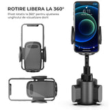 Suport Telefon Auto Elindor® Universal pentru Suport Pahar, Brat Reglabil, Rotire 360°, Accesoriu Masina, Negru