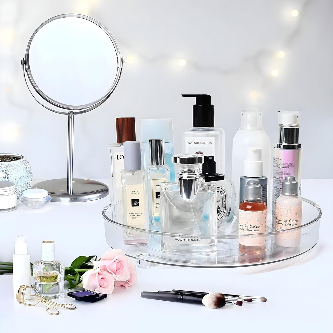 Organizator Rotativ 360° Elindor®, Acrilic 23 cm, 1 Nivel, Pentru Condimente, Cafea, Ceai, Borcane, Sticle, Produse Cosmetice, Accesorii Baie, Mirodenii, Dulapuri, Sertare, Bucatarie, Baie, Birou, Suprafata Antiaderenta, Transparent