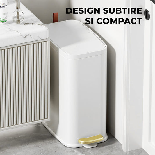 Coș Gunoi Elindor®, Subțire, Metalic, Compact, 10 Litri, Alb