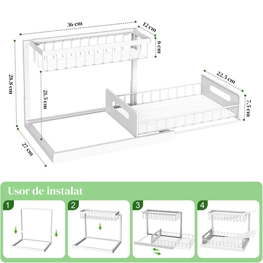 Organizator Multifunctional Elindor® 2 Nivele, pe Blat / in Dulap sub Chiuveta, Sertar Glisant, Suport Metalic Organizare, Ideal pentru Bucatarie, Baie, Camara, Bar, Raft cu Sertare Depozitare Legume, Fructe, Detergenti, Parfumuri, 36 x 27 x 28.5, Alb