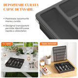 Organizator pentru Tacamuri Negru Elindor® Ustensile de Bucatarie, 6 Compartimente Depozitare, Suport pentru Cutite, Linguri, Furculite, Accesorii Bucatarie, Separator Sertar, 33x30x5.3 cm, PP fara BPA