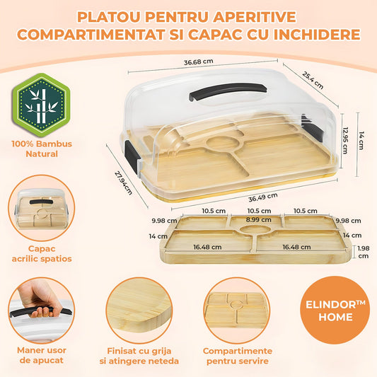 Platou pentru Branzeturi si Aperitive Elindor® din Bambus cu Capac, Tava Compartimentata pentru Branzeturi, Mezeluri si Gustari, 6 Sectiuni, Platou de Bucatarie, 36.5 x 27.94 x 14 cm, Bej