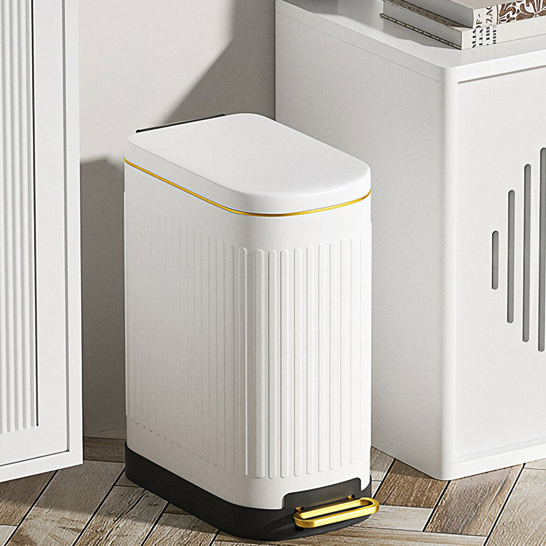 Cos de Gunoi pentru Baie cu Pedala Elindor® Metalic 13 L, Incorporabil, Functie Soft-Close, Capac Anti-Miros, Interior din Plastic, Pubela Slim pentru Bucatarie, Birou, Camera, Colectare Hartie Igienica si Deseuri, Design Compact si Modern, 34x17x39 cm, A