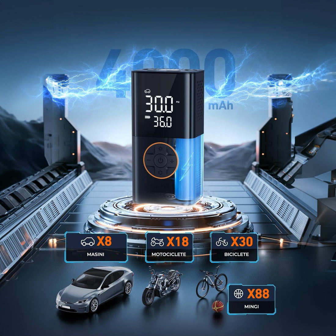 Compresor Auto Digital Elindor®,Portabil, 4000mAh, Negru