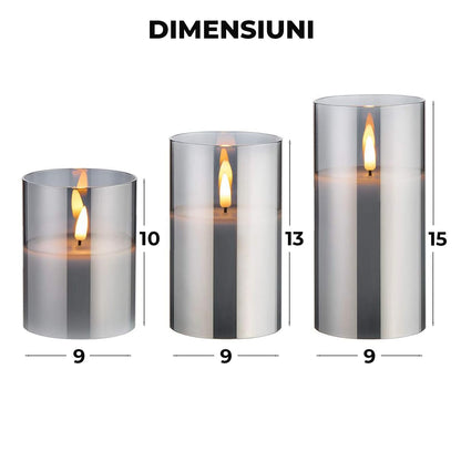 Set 3 Lumânări Decorative cu LED Elindor®, Sticlă Fumurie