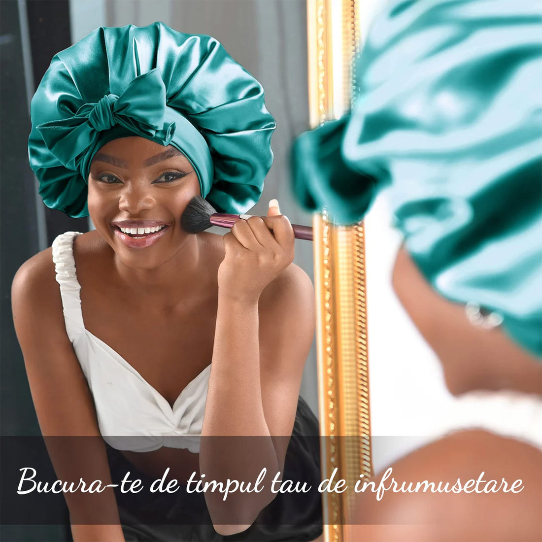 Boneta Satin Dubla Elindor® Pentru Protectia Parului, Banda Reglabila, Albastru Marin