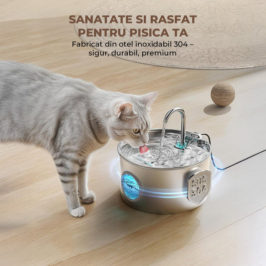 Fantana Apa Inox 2.2L Elindor®, Dispenser Inteligent Pentru Pisici si Caini, Dozator Silentios, Adapator Automat, Vas Cu Filtru, Recipient Interior, Suport Fix, Argintiu