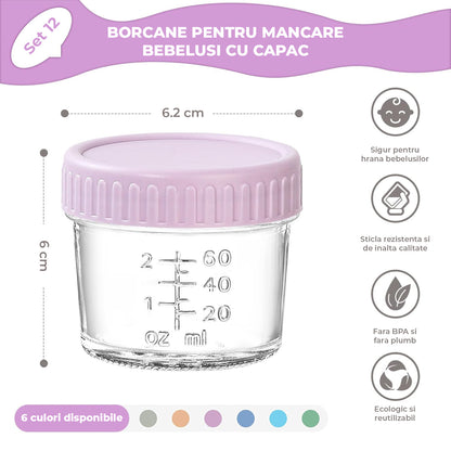 Set 12 Recipiente Elindor® pentru Hranire Bebelusi, pentru Diversificare, Hranire si Alaptare, Ideale pentru Lapte Praf, Sticle pentru Mancare, din Sticla, fara BPA, 6 x 6.2 cm, Multicolor