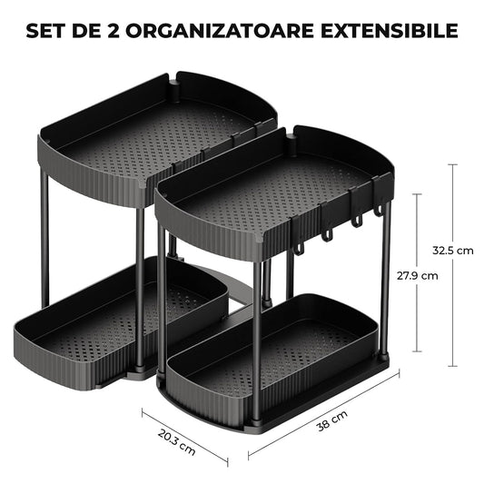 Set 2 Organizatoare Elindor® cu 2 Nivele, Recipient de Depozitare Multifunctional si Glisant, Organizator pentru Dulapul de sub Chiuveta din Baie si Bucatarie, 20.3 x 38 x 32.5 cm, Negru