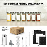 Set 12 Recipiente Condimente Elindor® din Sticla cu Capac Inox, cu Sita, Organizator Bucatarie, Organizatoare Sertar, Borcane 100 ml, 2 Tipuri de Etichete Albe si Negre, Palnie din Silicon, 2x Pix Inclus, Perie de Curatare, Accesorii Depozitare
