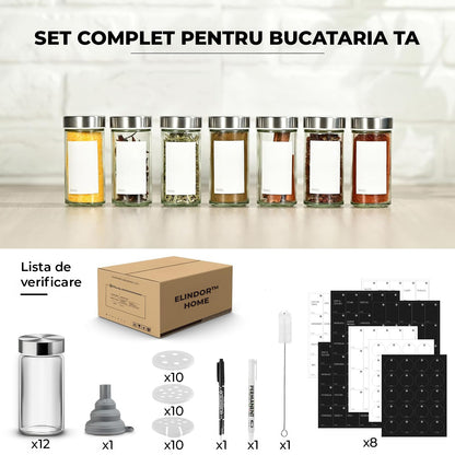 Set 12 Recipiente Condimente Elindor® din Sticla cu Capac Inox, cu Sita, Organizator Bucatarie, Organizatoare Sertar, Borcane 100 ml, 2 Tipuri de Etichete Albe si Negre, Palnie din Silicon, 2x Pix Inclus, Perie de Curatare, Accesorii Depozitare