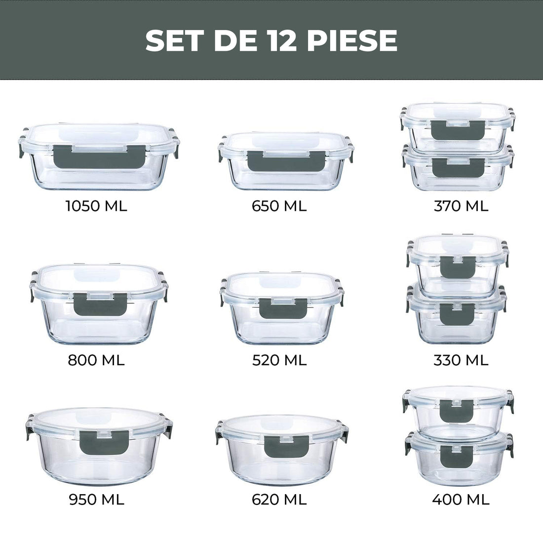 Set de 12 Caserole Elindor® din Sticla, Recipiente Ingrediente pentru Bucatarie, pentru Alimente Uscate, Recipient pentru Depozitare Cafea, Zahar, Paste, Cereale, Capac Etans, Potrivit pentru Congelator Transparent