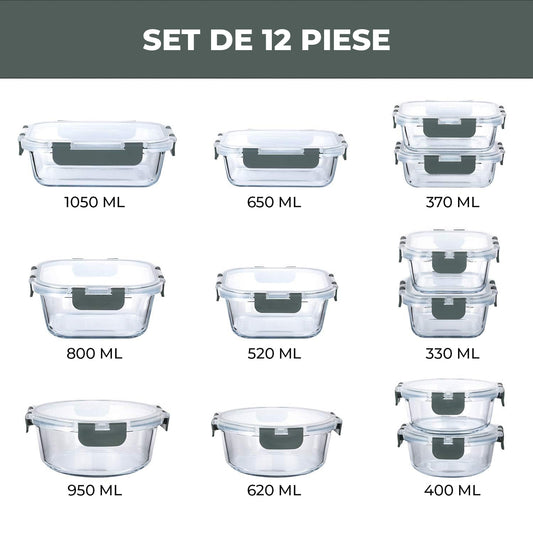 Set de 12 Caserole Elindor® din Sticla, Recipiente Ingrediente pentru Bucatarie, pentru Alimente Uscate, Recipient pentru Depozitare Cafea, Zahar, Paste, Cereale, Capac Etans, Potrivit pentru Congelator Transparent