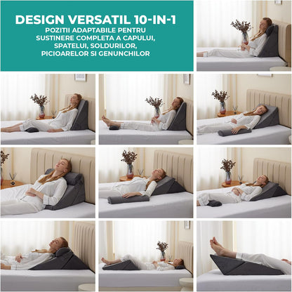 Set 3 Perne Ortopedice Elindor® pentru Pat, Perna Spuma cu Memorie, Hipoalergenica, Suport Spate, Picioare, Genunchi, Post-Operator, Anti-Reflux, Antisforait, Antirid, Hipoalergenic Huse Bumbac Aspect Catifea, Pliabile, Reglabile 23-30 cm, Gri