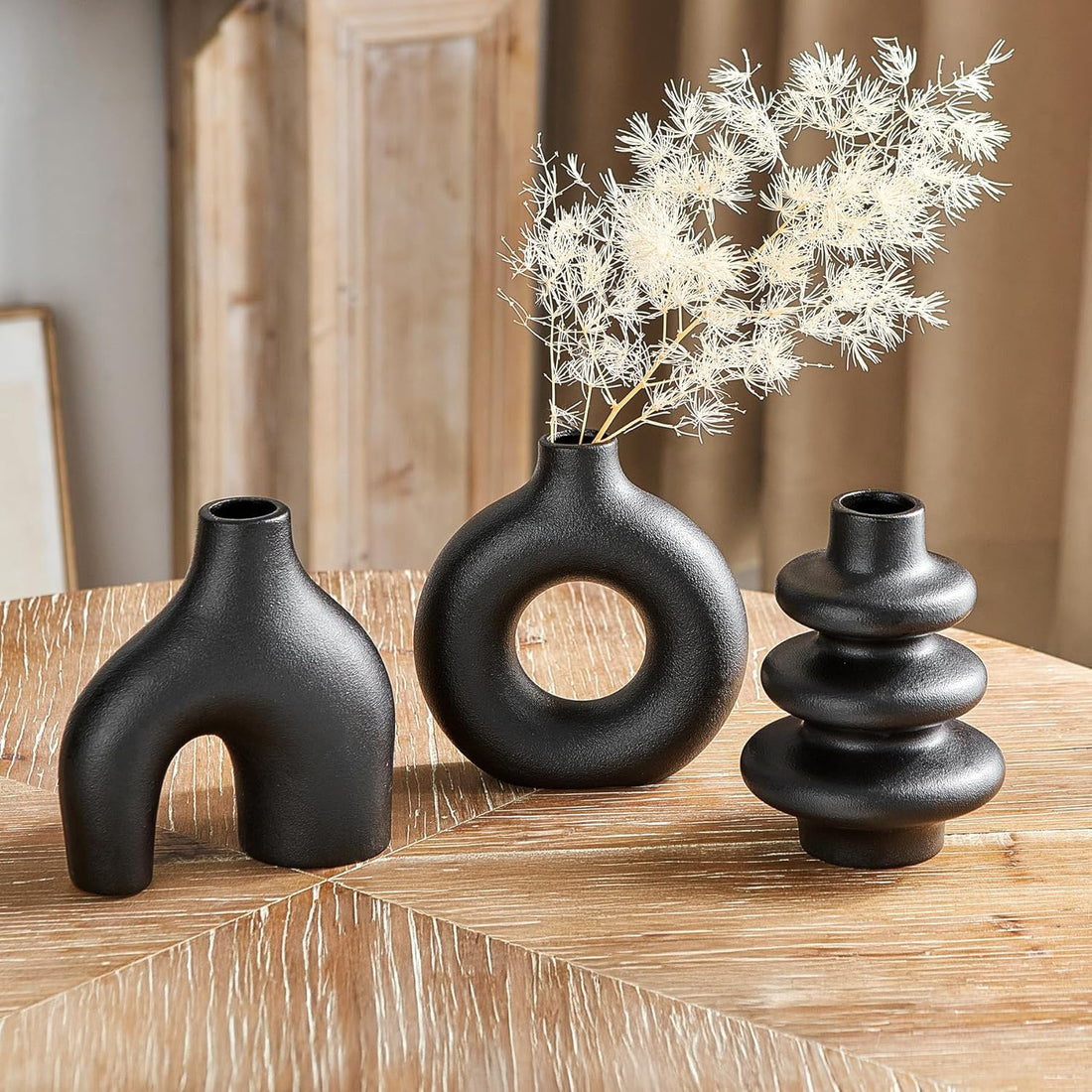 Set 3 Vaze Ceramica Elindor® cu Forme Abstracte, Decor Contemporan, Dimensiuni Diferite, Negru