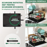 Scurgator Vase Etajat Elindor®,  Suport Uscat Vesela Pentru Chiuveta, Uscator Ideal pentru Farfurii, Tacamuri, Capace, Tigai, Pahare, Tava din Plastic cu Scurgere Automata, Organizator Metalic Bucatarie Multifunctional, 43.5 x 33 x 11 cm, Negru