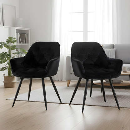 Set 2 Scaune Elindor® Ergonomice, Design Modern si Elegant, Scaun cu Spatar si cu Manere, din Catifea cu Picioare Metalice Negre, Potrivite pentru Living, Bucatarie, Birou, Dormitor, Latime Sezut 49 cm, 61 x 60 x 87 cm, Negru