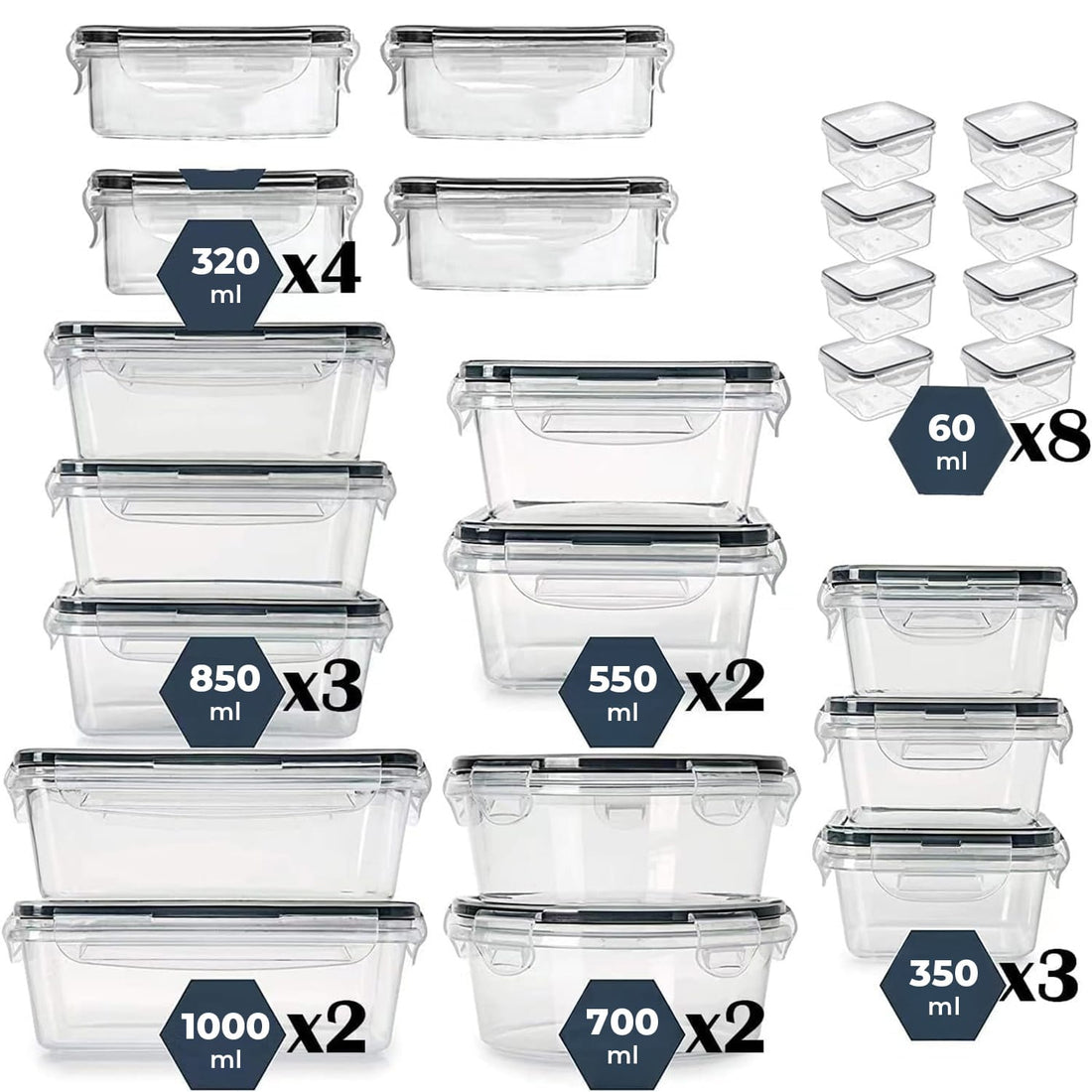 Set 24 Recipiente Alimente Elindor® Caserole pentru Depozitare, Frigider si Congelator, Inchidere Etansa, 7 Dimensiuni, Transparent