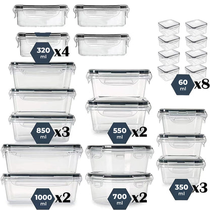 Set 24 Recipiente Alimente Elindor® Caserole pentru Depozitare, Frigider si Congelator, Inchidere Etansa, 7 Dimensiuni, Transparent