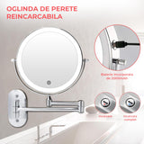 Oglinda de Machiaj Dubla Elindor® cu Iluminare LED, Marire 10X, Fixare pe Perete, Reincarcabila, Argintiu