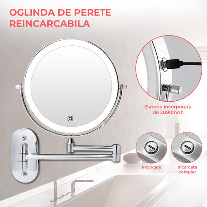 Oglinda de Machiaj Dubla Elindor® cu Iluminare LED, Marire 10X, Fixare pe Perete, Reincarcabila, Argintiu