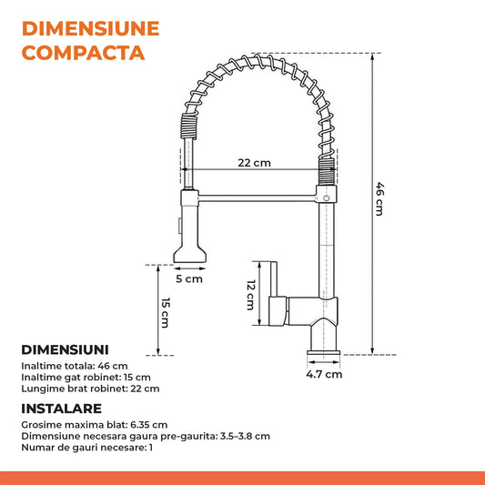 Baterie Chiuveta Bucatarie Neagra Elindor® Robinet de Apa, Modern cu Pipa Flexibila, Cap Dus Extractabil cu Doua Functii, Jet Reglabil, Monocomanda, Rotativ 360°, pentru Bucatarie, Otel Inoxidabil 201, Inaltime 46 cm