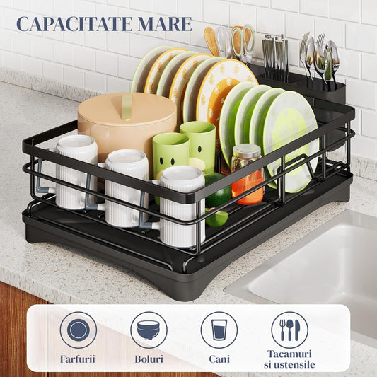 Scurgator Vase Elindor®, Suport Inox Carbon pentru Chiuveta, Uscator Incorporabil, Ideal pentru Tacamuri, Vesela, Farfurii, Capace, Oale, Pahare, Tava din Plastic cu Scurgere Automata, Organizator Bucatarie Multifunctional, 42 x 31 x 14.5 cm, Negru