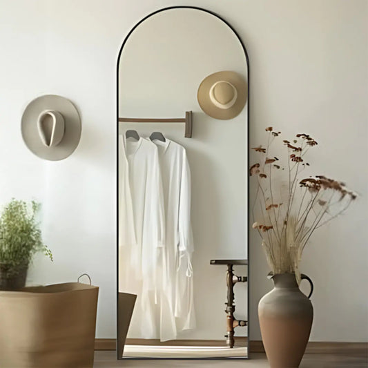 Oglinda de Podea Elindor®, 165 x 60 cm, cu Suport, Montare pe Perete, Oglinda Corp Intreg Pentru Dormitor, Living, Birou sau Dulap, cu Rama Tip Arcada din Aluminiu, Usoara, Multifuntionala, Reglabila, Negru