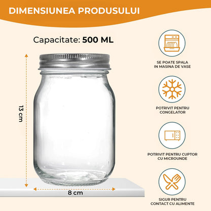 Set 6 Borcane din Sticla Elindor® cu Capac Ermetic, Borcan 500 ml Ideal pentru Miere, Dulceata, Condimente, Cafea, Zahar si pentru Fermentare Muraturi, Capace Metalice, Recipient Depozitare in Bucatarie, Transparent