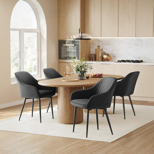 Set 2 Scaune Elindor® Ergonomice, Design Contemporan, Scaun cu Spatar si cu Manere, din Catifea cu Picioare Metalice Negre, Potrivite pentru Living, Bucatarie, Birou, Dormitor, Latime Sezut 49 cm, 55.5 x 43 x 83 cm, Negru