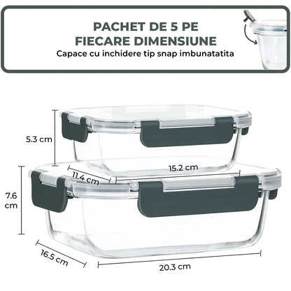 Set de 10 Caserole Elindor® din Sticla, Recipiente Ingrediente pentru Bucatarie, pentru Alimente Uscate, Recipient pentru Depozitare Cafea, Zahar, Paste, Cereale, Capac Etans, Potrivit pentru Congelator Transparent