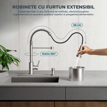 Baterie Bucatarie Elindor®, Robinet Profesional cu Pipa Flexibila, Cap de Dus cu 2 Functii, Jet Reglabil, Montaj Simplu, Rezistenta La Coroziune, Otel Inoxidabil, Chrom