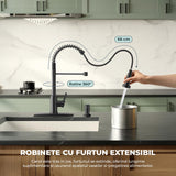Baterie Chiuveta Bucatarie Neagra Elindor®, Robinet de Apa Lavoar, Modern cu Pipa Flexibila, Cap Dus Extractabil cu Doua Functii, Jet Reglabil, Monocomanda, Rotativ 360°, Otel Inoxidabil, Finisaj Mat