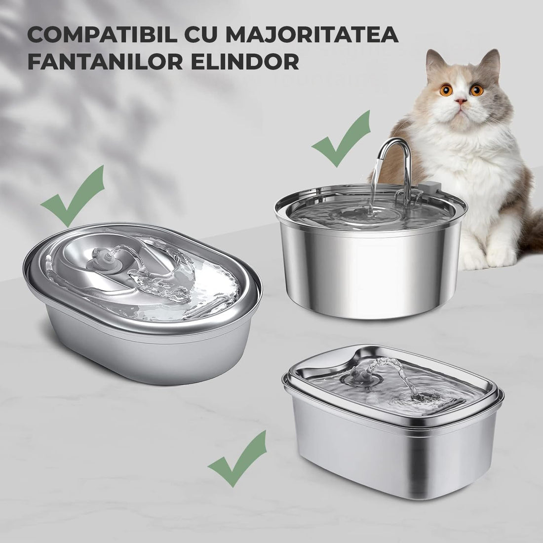 Set 6 Filtre + 6 Bureti Elindor® pentru Fantana de Apa Pisici si Caini, Compatibilitate Universalsa cu Dispensere din Inox, Filtrare in 3 Straturi, Carbon Activ, Alb