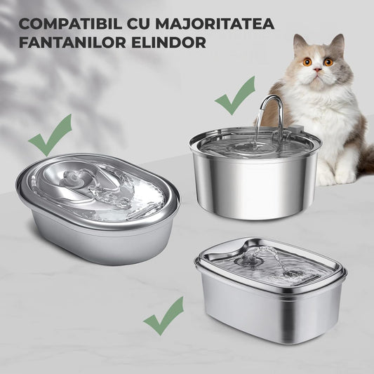 Set 6 Filtre + 6 Bureti Elindor® pentru Fantana de Apa Pisici si Caini, Compatibilitate Universalsa cu Dispensere din Inox, Filtrare in 3 Straturi, Carbon Activ, Alb